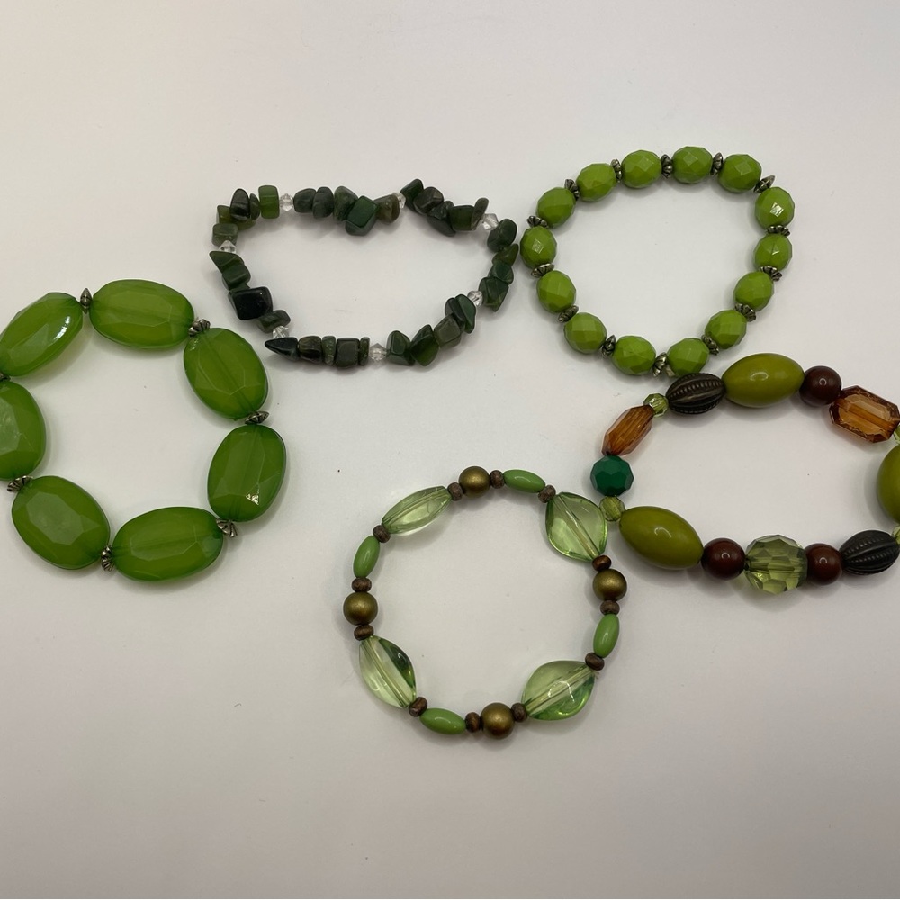 5pc NEW Green Beaded Stretch Bracelets Boho Stack Set Jade Olive Peridot Vibes đ - Picture 2 of 16